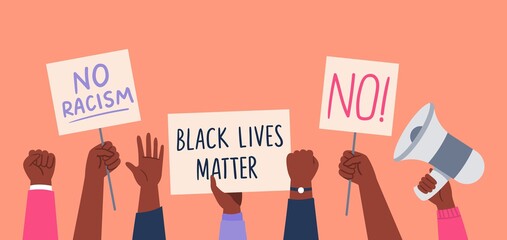 African-American people protesting for their rights. Hands holding posters in hands. BLM, Black lives matter, people against racism. Vector flat illustration. 