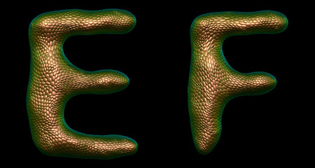 Letter set E, F made of realistic 3d render natural gold snake skin texture.