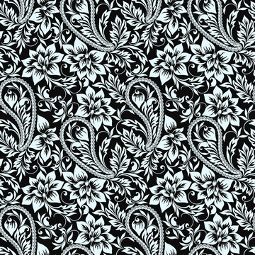 Seamless black and white pattern with paisley and flowers. Traditional ethnic ornament, vector background.