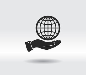Globe icon with hand, vector illustration. Flat design
