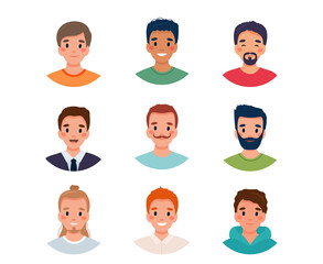 Men avatar set. Diversity group of cute young men. Vector illustration in flat style
