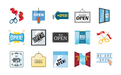 we are open detailed style set of icons vector design