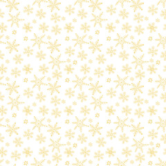 Gold snowflakes on white. Seamless vector background with hand-drawn snowflakes. Christmas or New Year background.