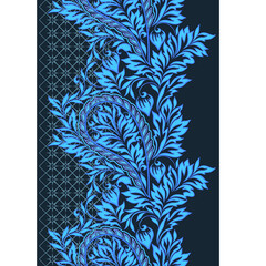 Lace paisley vertical seamless pattern. Gzhel folk art ornament . Vector print. Use for braid, tape, ribbon.