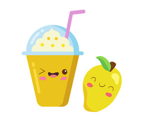 Iced Fruit Smoothie in a plastic cup with rich foam. Vector kawaii drink illustration in cute cartoon style isolated on white background. Happy smiling Mango smoothie character. Children menu design.