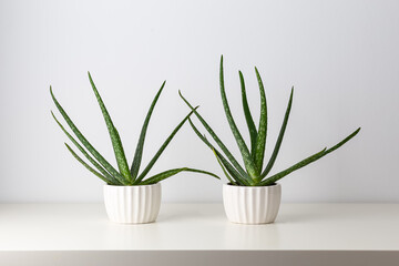 Aloe in white pots on a white background. Minimal. Houseplant