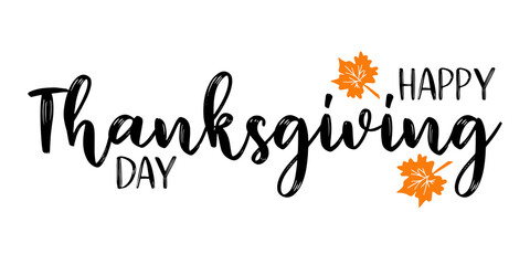Fototapeta premium Hand drawn Happy Thanksgiving quote as logo for postcard, autumn icon, flyer, card, poster, banner, header. Celebration lettering for Thanksgiving day