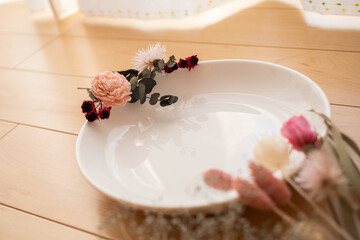 A bundle of dried flowers and preserved flowers decorated