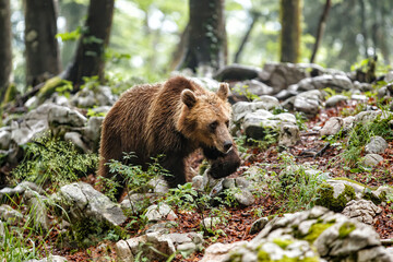 Wild brown bear walking and searching for food in the forest and mountains of the Notranjska region...
