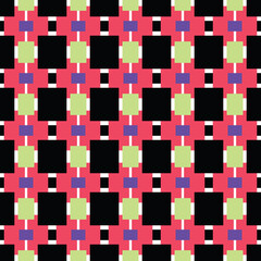 Vector seamless pattern texture background with geometric shapes, colored in red, black, purple, green, white colors.