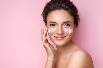 Beautiful woman applying moisturizer cream on her face. Photo of smiling woman with perfect makeup on pink background. Beauty concept - obrazy, fototapety, plakaty