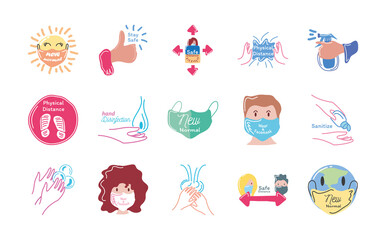 handmade and new normal detailed style set of icons vector design