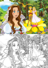 cartoon scene princess in the forest orchard illustration
