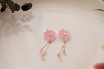 Handmade flower earrings made from Praban