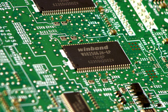 Sochi, Russia - September 22 2020: Winbond SDRAM parallel memory chip chip on circuit board