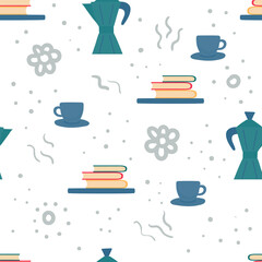 Vector seamless pattern with a bookshelf and coffee-pot and a cup.