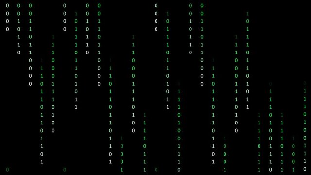 Binary code matrix background with digits moving on screen. Algorithm binary, data code, decryption and encoding, row matrix seamless loop abstract background.
