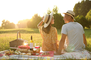 Happy couple having picnic in park on sunny day