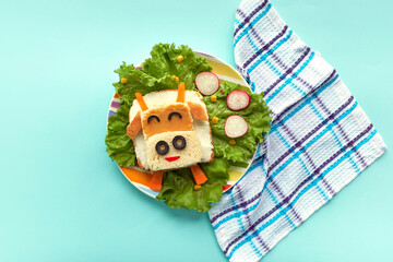 Creative idea for kid breakfast. bull shaped sandwich, healthy food concept for kids