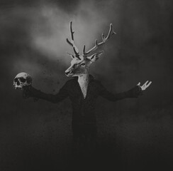 Animals in clothes.  human figure with deer head keeps a skull in his hand. horror and halloween...