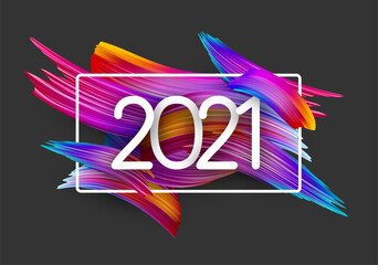 2021 sign on colorful brush strokes background.