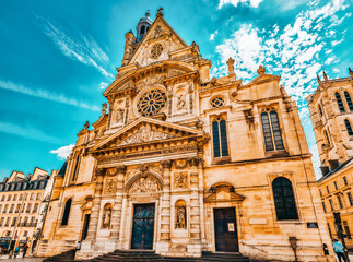 Fototapeta na wymiar PARIS, FRANCE - JULY 08, 2016 : Saint-Etienne-du-Mont is a church in Paris, France, located on the Montagne Sainte-Genevieve near the Pantheon.