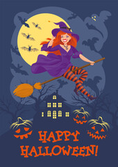 Happy halloween poster with red-haired witch wearing a hat, dress, striped stockings and shoes, flying on a broom on a night moon background with ghosts, bats, pumpkin. Vector illustration, cartoon 	