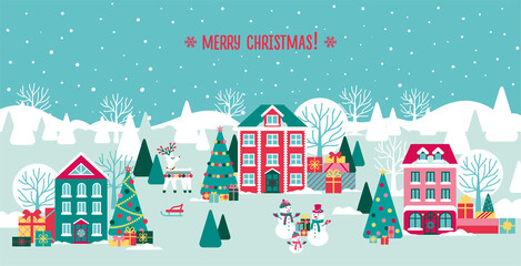 Christmas background with colorful houses, Christmas trees decorated, gifts, snowmens and a deer. Vector illustration in flat style