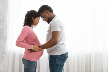 Husband and pregnant wife cuddling next to window at home