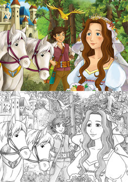 cartoon scene princess in the forest orchard illustration