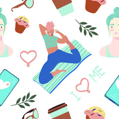 Seamless pattern and hand drawn texture.  You take care of yourself. Vector flat illustration