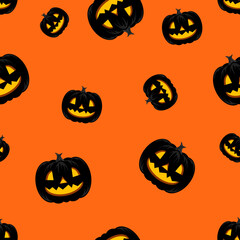 Seamless pattern with black autumn pumpkins on orange background. For gift paper, textiles, clothes, social networks, wallpaper, prints, festive decor