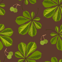 Chestnut tree leaves and berries with thorns seamless pattern