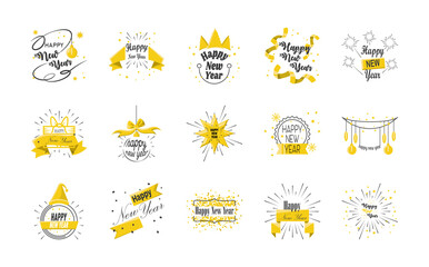 Happy new year detailed style set icons vector design