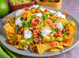 Loaded minced pork nachos with guacamole and salsa dips
