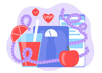 Healthy balanced diet monitoring plan. Mobile application for calorie and weight control. Healthy nutrition. Equipment scales, tape measure and food for weight loss. Vector flat illustration