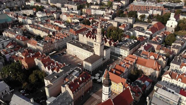 Opole , aerial view of Old Town and the river Oder. Poland, spring day. Drone shot on sunset time.4K, UHD, Cinematic						