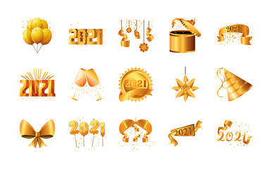 2021 happy new year detailed style set of icons vector design