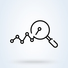Data Analysis and Magnifying glass sign line icon or logo. searching results concept. Financial Charts Search linear vector illustration