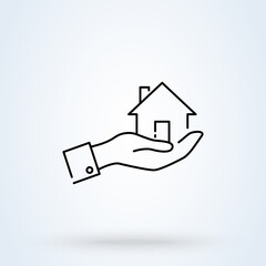 Fototapeta na wymiar owner real estate sign line icon or logo. Protection and mortgage concept. Home on the hand linear vector illustration.