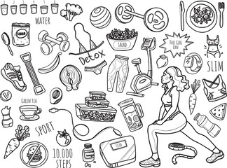 A set of linear elements on the topic of weight loss. Proper nutrition, sports, sports training. Doodle style. All elements are isolated on a white background. Vector. For print and web