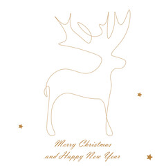 Christmas card with deer animal. Line drawing vector illustration