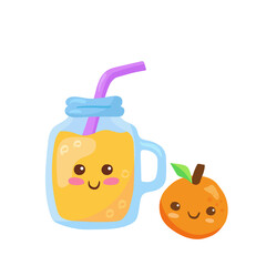 Iced Fruits Smoothie in a glass jar with bubbles & straw. Vector kawaii drink illustration in cute cartoon style isolated on white background. Smiling orange fruit smoothie for menu, decoration.