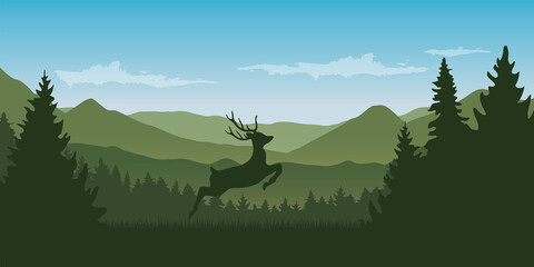 jumping wildlife reindeer on green mountain and forest landscape vector illustration EPS10