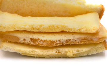 Close up: crispy toast on white background.