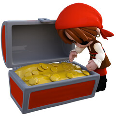 3d illustration of a pirate and a chest of gold