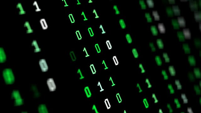Binary code matrix background with digits moving on screen. Algorithm binary, data code, decryption and encoding, row matrix seamless loop abstract background.