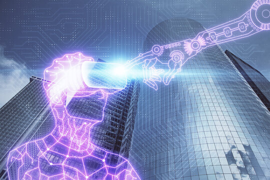 Double exposure of AR people drawing and cityscape background. Concept of augmented reality.