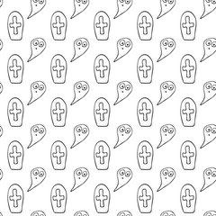Vector seamless pattern with cute Ghosts, Graves, Tombstone, crosses. Doodle outline, black contour. Textured Background for Halloween design, fabric, wrap, textile, greeting card, party invitation