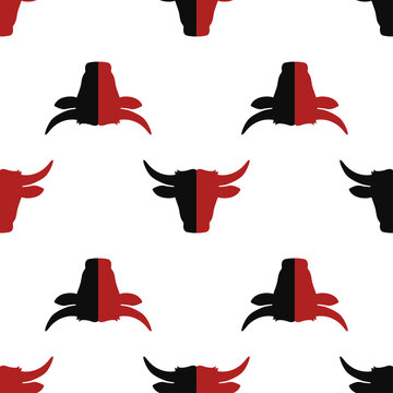 Black and red bull or cow icon isolated seamless pattern on white background. Vector